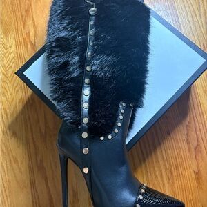 Azalea Wang Studded Faux Fur Stiletto Boots — Black — Glam Statement Heels w/Box